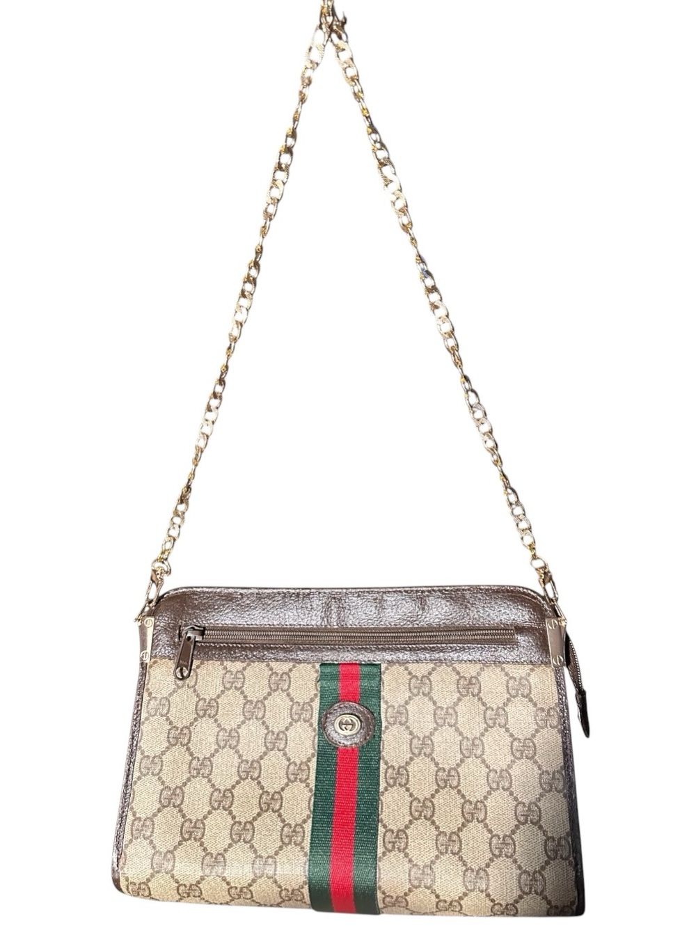 Gucci Supreme Brown/Beige GG Canvas Converted Clutch W/Unbranded Green-Red Web